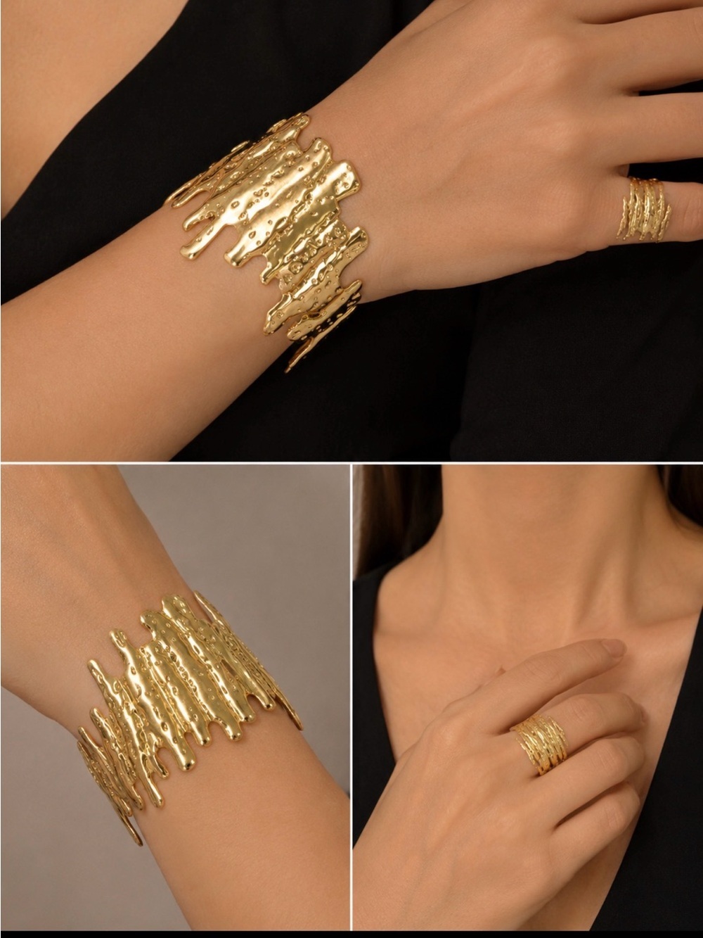Elegant Gold Sculpted Cuff Bracelet and Ring Set